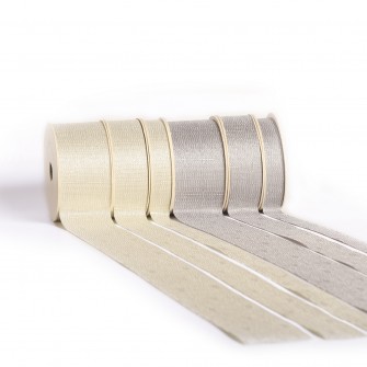 Cut edge polyester linen+silver yarn ribbon